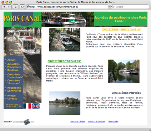 Première version du site internet de la société Paris Canal